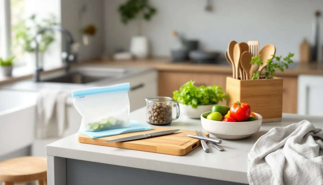 The image showcases a beautifully arranged Christmas kitchen, filled with eco-friendly decorations and low waste cooking ideas, including a festive table set for a dinner party. Elements like personalized gifts, sustainable gift wrapping, and a real Christmas tree enhance the holiday spirit while promoting a waste-conscious lifestyle.