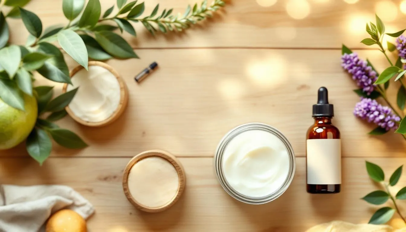 The image features an array of health and beauty products, including jars of shea butter, bottles of coconut oil, and essential oils, all displayed on a natural wooden surface. These eco-friendly, vegan options are perfect for thoughtful gifts that promote self-care and wellness during the holiday season, aligning with sustainable gift ideas.