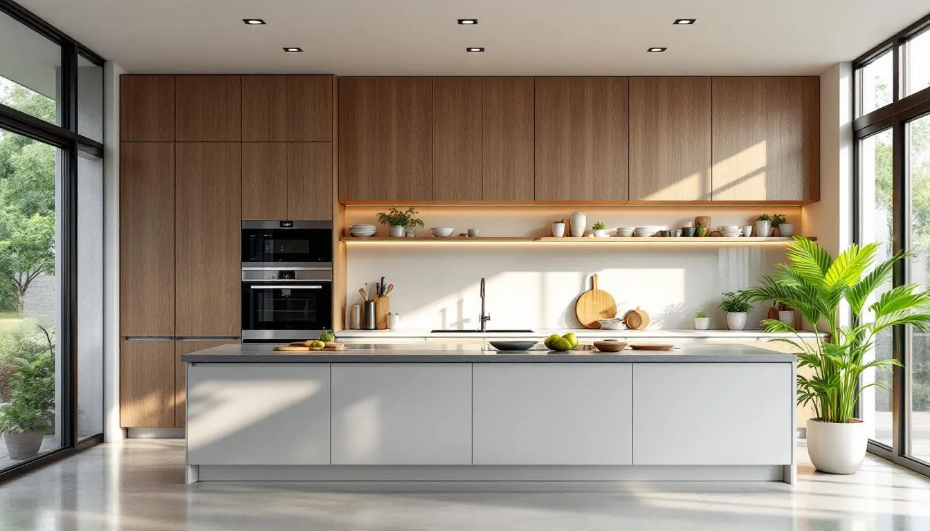 The image showcases a modern eco-friendly kitchen designed with sustainable materials, featuring shaker style cabinets in a navy blue shade, energy efficient appliances, and an abundance of natural light. The clean lines and open shelving create a clutter-free space, emphasizing the importance of environmentally friendly design trends for a healthier lifestyle.