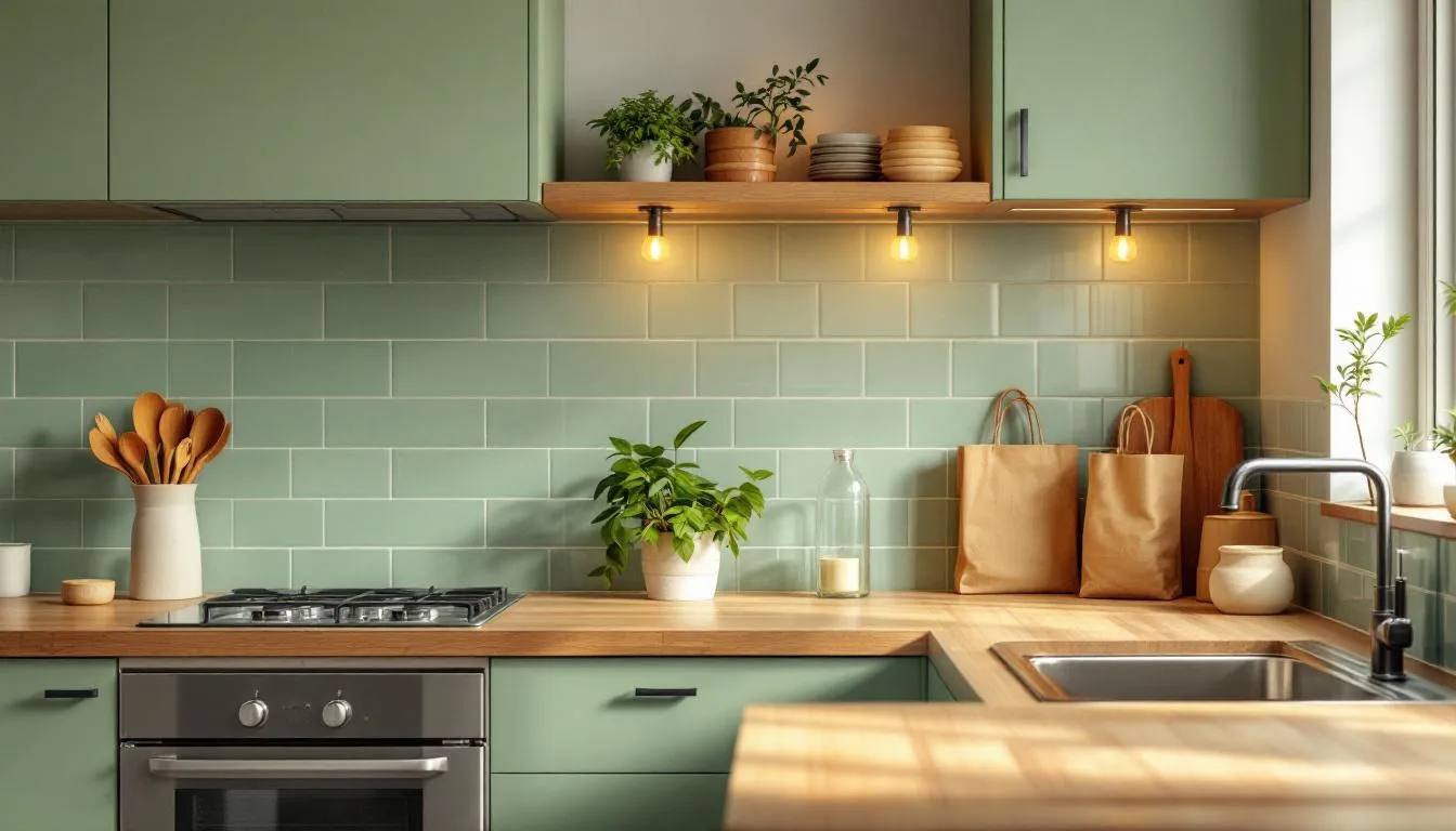 The image depicts a modern green kitchen designed for the New Year 2025, showcasing simple sustainable swaps like beeswax wraps replacing plastic wrap, glass storage containers, and reusable produce bags. This eco-friendly kitchen emphasizes reducing waste, minimizing plastic and packaging waste, and adopting a healthier lifestyle with natural alternatives and energy-efficient appliances.