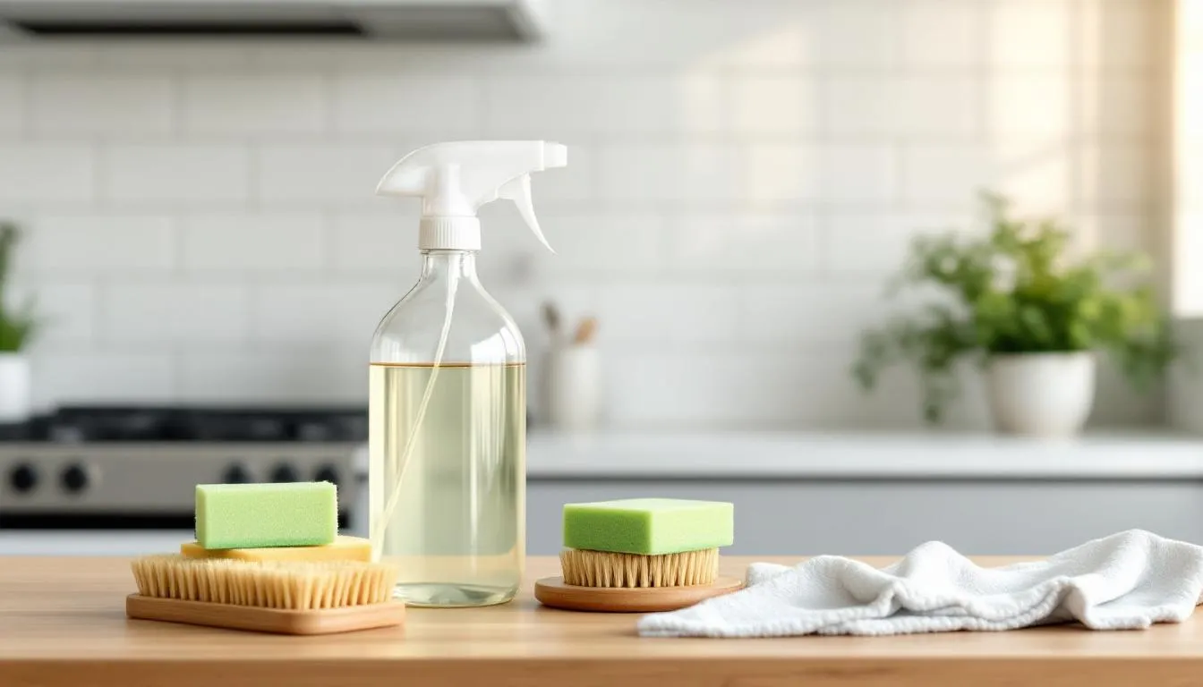 The image showcases a well-organized kitchen featuring eco-friendly products and sustainable materials, including reusable containers and natural cleaners made from baking soda and lemon juice. This setup promotes green cleaning essentials for a sustainable New Year kitchen reset in 2025, emphasizing practices that help reduce food waste and minimize harmful chemicals for a healthier environment.