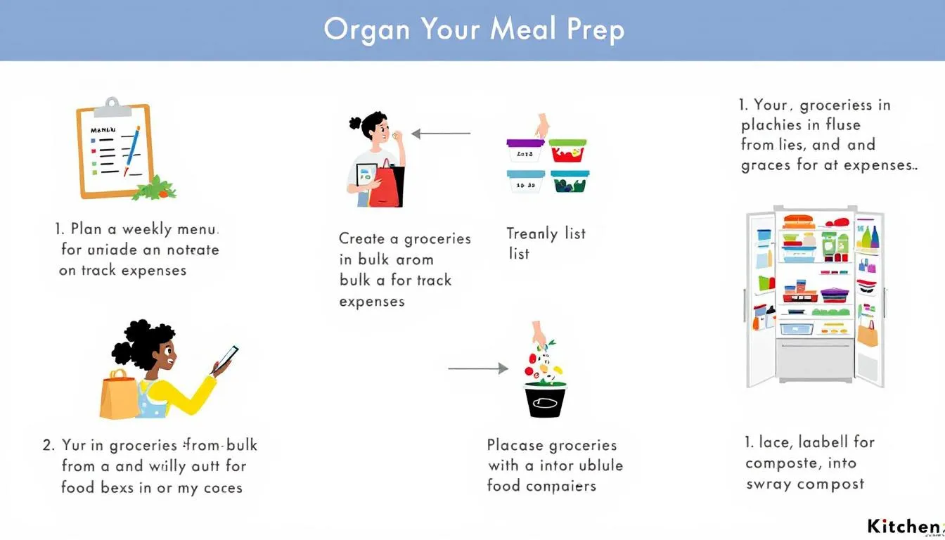 The image illustrates a well-organized kitchen focused on sustainable meal prep, featuring a weekly menu on a chalkboard, a grocery list on the counter, and reusable containers filled with nutritious meals. This eco-friendly kitchen setup promotes practices that reduce food waste, save money, and minimize the environmental impact of meal prepping.