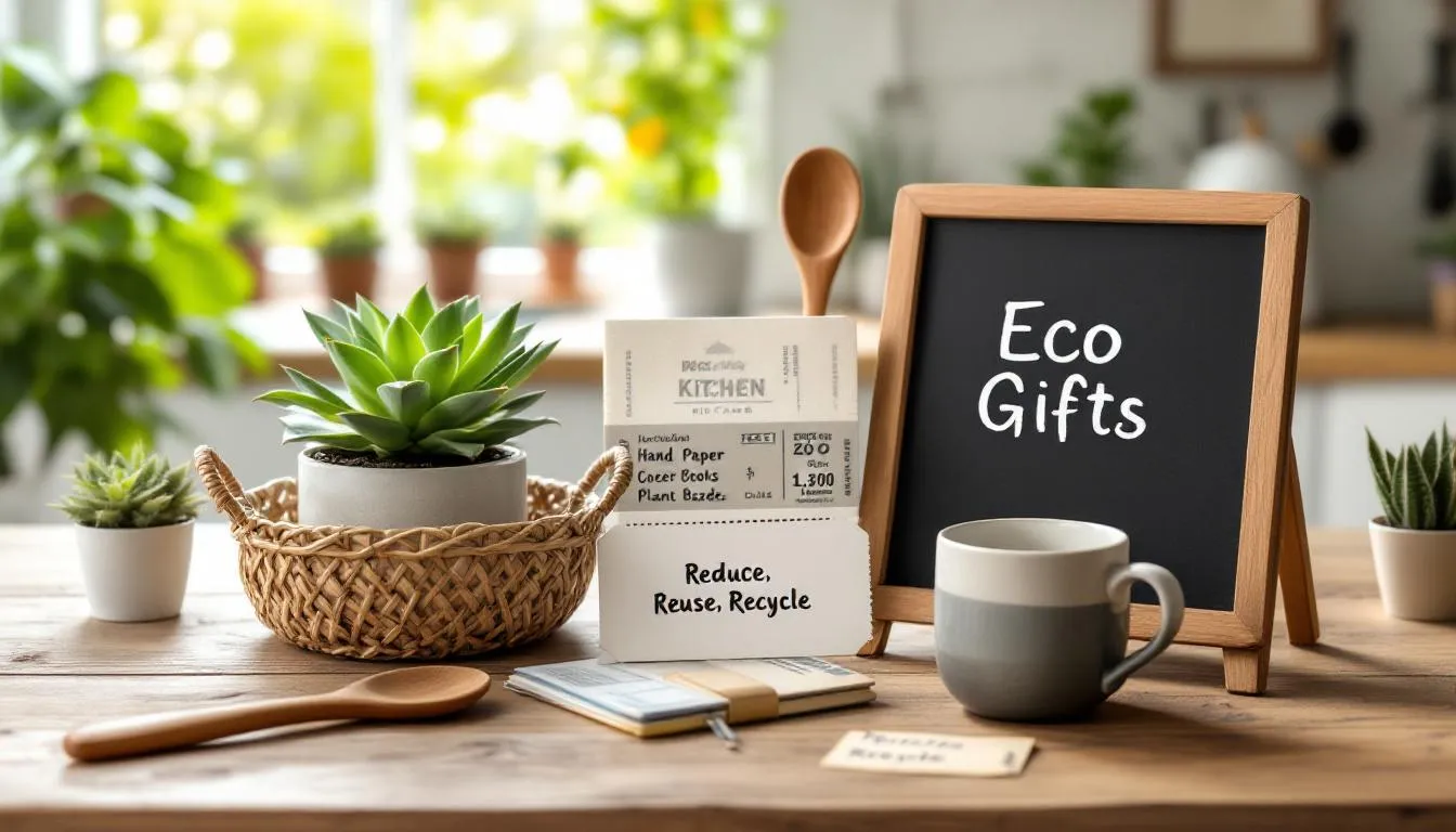 The image depicts a variety of eco-friendly gifts made from natural or recycled materials, emphasizing sustainable practices for the holiday season. It also features experience-based gifts, such as concert tickets and cooking classes, highlighting ways to create lasting memories while reducing waste and conserving energy.