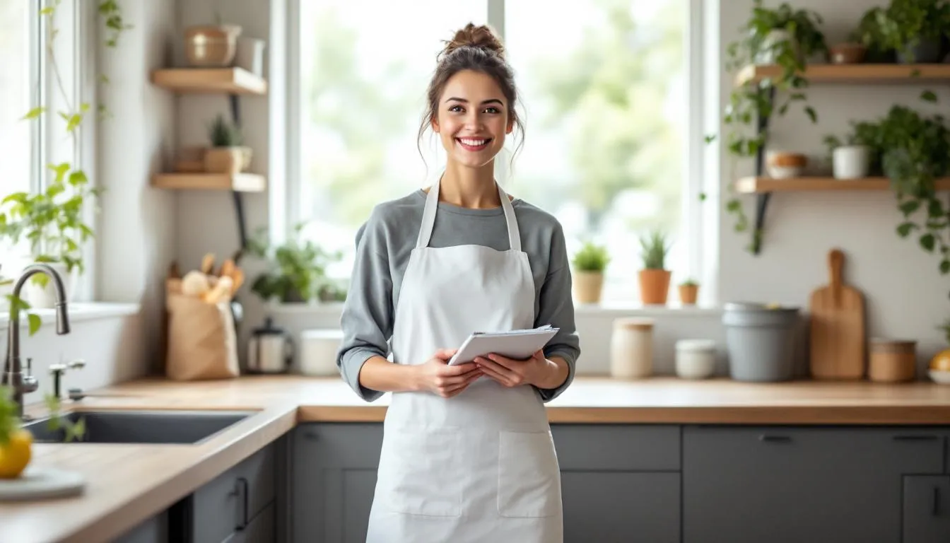 The image depicts a clean and organized kitchen that embodies eco-friendly practices, featuring stainless steel appliances, reusable containers, and natural cleaning supplies like baking soda and lemon juice. It emphasizes the importance of reducing food waste and implementing sustainable habits for a healthier environment and nutritious meals in daily life.
