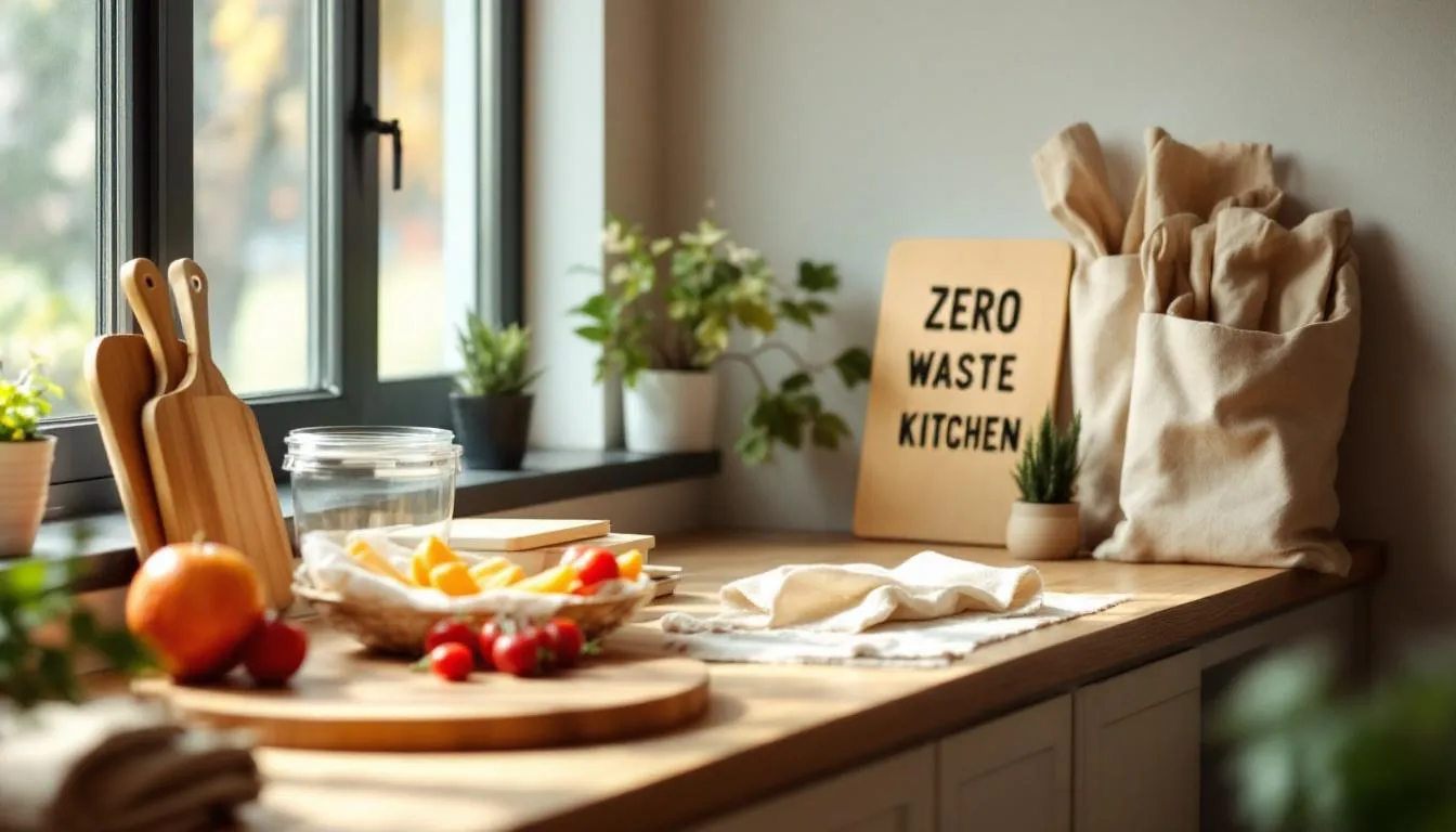 The image showcases a beautifully arranged eco-friendly kitchen adorned for the holiday season, featuring sustainable cooking ideas that help reduce food waste. On the counter, there are creative containers for food scraps, a selection of organic herbs, and festive decor, emphasizing a fantastic way to host family and friends while being mindful of the environment.