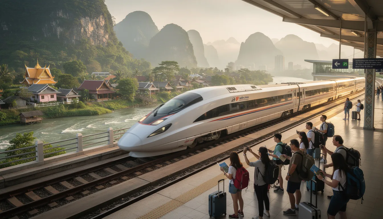 The image showcases the newly constructed Lao-China Railway, a significant upgrade in Laos' infrastructure that facilitates travel for international visitors. With this railway, tourists can easily explore enchanting destinations like Vientiane, Luang Prabang, and Vang Vieng, while experiencing the stunning landscapes and rich cultural heritage of this hidden gem in Southeast Asia.