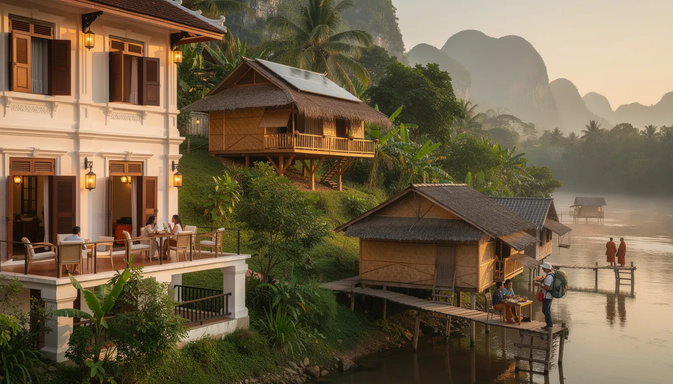 The image showcases a variety of accommodation options in Luang Prabang, Laos, highlighting elegant boutique hotels that merge colonial charm with modern amenities, eco-friendly lodges supporting local communities, and inviting homestays in remote villages. This diverse range of options reflects why Laos is quietly becoming one of Southeast Asia's most desired travel destinations in 2025, offering a unique blend of cultural heritage and genuine hospitality.