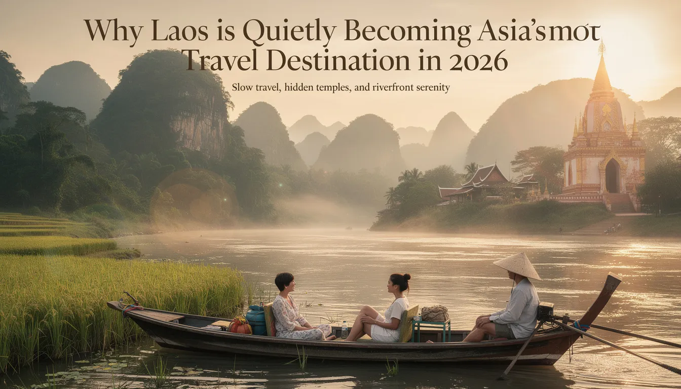 The image showcases the stunning landscapes of Laos, featuring the golden temples of Luang Prabang, a UNESCO World Heritage site, nestled alongside the Mekong River. This serene scene highlights the country's rich cultural heritage, natural beauty, and the gentler pace of life that attracts international visitors seeking a unique travel destination in Southeast Asia.