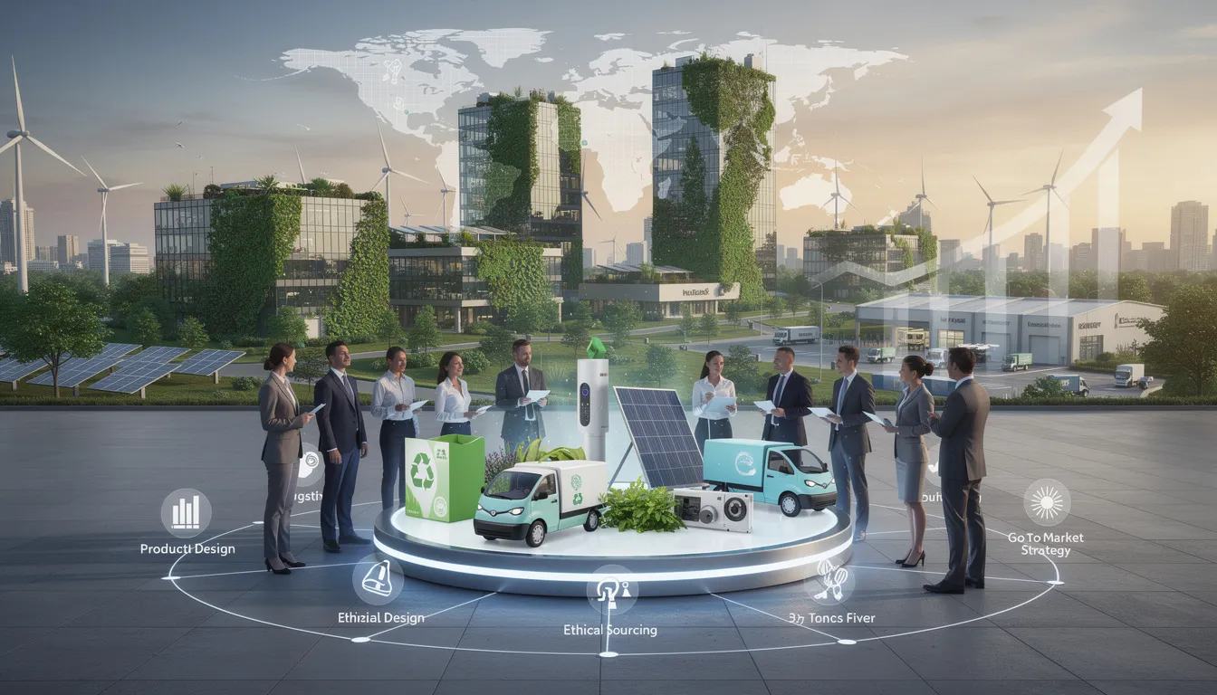 The image depicts a variety of eco-friendly products, including reusable shopping bags, biodegradable containers, and items made from recycled materials, all arranged on a sustainable packaging backdrop. This visual emphasizes the importance of integrating eco-friendly practices and materials into the supply chain for businesses aiming to reduce their environmental impact and cater to eco-conscious consumers.