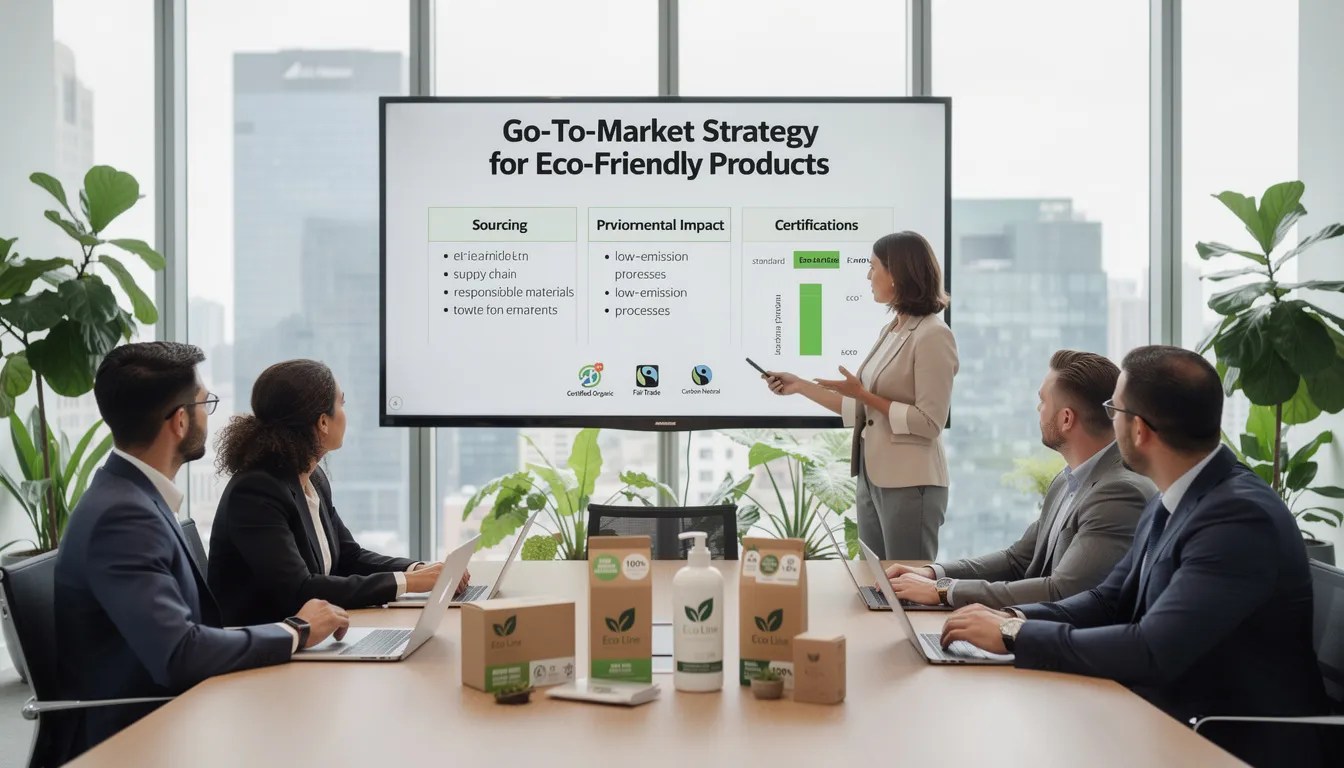 The image illustrates a Go-To-Market Strategy for eco-friendly products, highlighting key elements such as transparency in sourcing raw materials, the use of recycled materials, and the importance of communicating the environmental impact and benefits of sustainable practices. It emphasizes the need for sustainable brands to engage with eco-conscious consumers by promoting their eco-friendly solutions and innovative products.