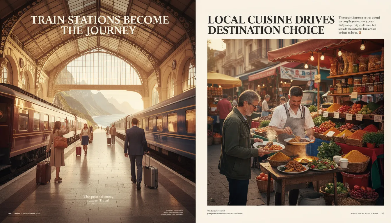 The image showcases a historic train station bustling with travelers embarking on a luxurious multi-day train journey, emphasizing the scenic beauty and local culture of the destinations. This travel trend highlights how train stations have become integral to the journey itself, transforming movement into an enriching experience filled with storytelling and local cuisine.