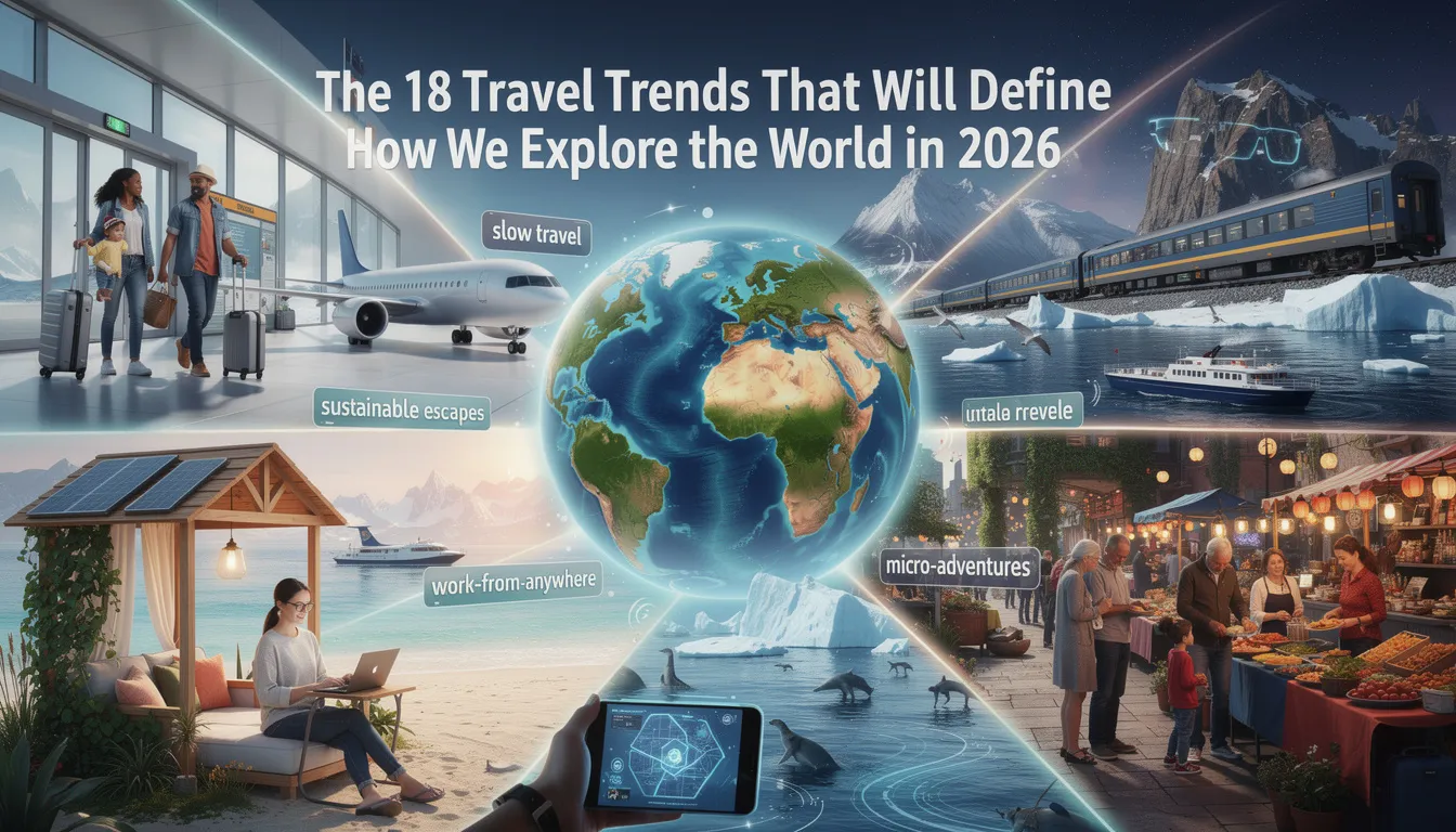 The image represents a vibrant collage of travel trends for 2026, featuring iconic destinations like national parks, historic sites, and popular cities. It highlights the growing interest in local culture and cuisine, as well as the use of AI trip planning tools, showcasing how global travelers are seeking unique experiences and easy access to nature and community.