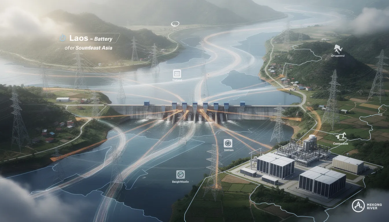 The image depicts a large hydropower dam in Laos, symbolizing the country's role as the "Battery of Southeast Asia." It highlights the essential infrastructure for renewable energy distribution across the Mekong River Basin, showcasing the interconnected power grid that supports energy cooperation and economic growth in the region.