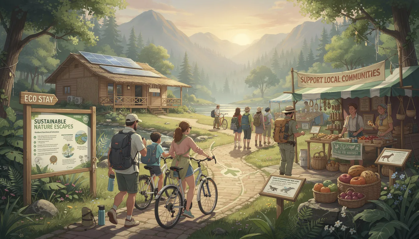 The image depicts a vibrant scene of travelers exploring a national park, surrounded by lush nature and wildlife, reflecting the growing trend of sustainable and responsible travel. With a focus on environmental stewardship and local culture, more travelers are choosing destinations that prioritize community support and natural beauty.