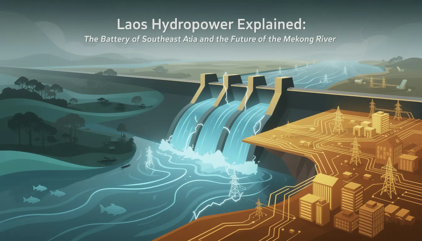 The image represents an abstract concept of Laos as the "Battery of Southeast Asia," highlighting its hydropower development through large dams on the Mekong River. It symbolizes the region's renewable energy potential and economic growth, emphasizing the importance of sustainable hydropower for the future of the Mekong River system and energy cooperation among neighboring countries.