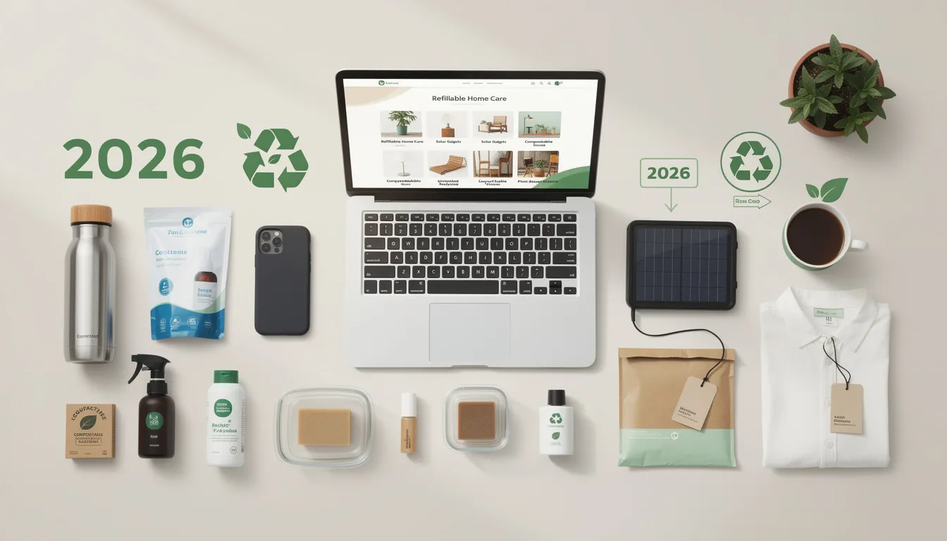 The image showcases a variety of high-demand eco-friendly products projected for sale in 2026, including reusable shopping bags, biodegradable materials, and food storage containers made from recycled materials. It highlights the importance of sustainable practices and eco-friendly solutions that cater to environmentally conscious consumers while minimizing the carbon footprint and promoting waste reduction.