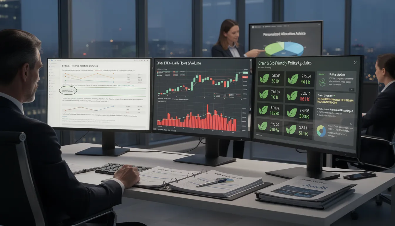 The image depicts a desk filled with financial documents, including federal reserve meeting minutes and market commentary, alongside charts tracking silver ETF daily flows and volume spikes. There are also notes on policy updates affecting green and eco-friendly stocks, emphasizing the importance of consulting a financial advisor for personalized investment strategies.