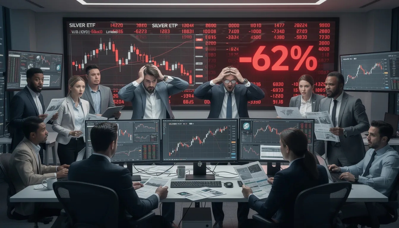 The image depicts a dramatic graph illustrating the sharp decline in silver prices and silver ETFs, highlighting the volatility and risks faced by investors in the precious metals market. The visual emphasizes the significant drop in value, with some funds losing as much as 62%, reflecting the impact of recent geopolitical tensions and dollar strength on trading.