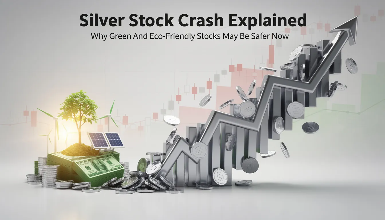 The image illustrates the concept of the recent silver stock crash, highlighting the potential safety of investing in green and eco-friendly stocks amid fluctuating silver and gold prices. It emphasizes the volatility of precious metals in the stock market, driven by factors such as geopolitical tensions and dollar strength, suggesting a shift in investment strategies for traders and investors.