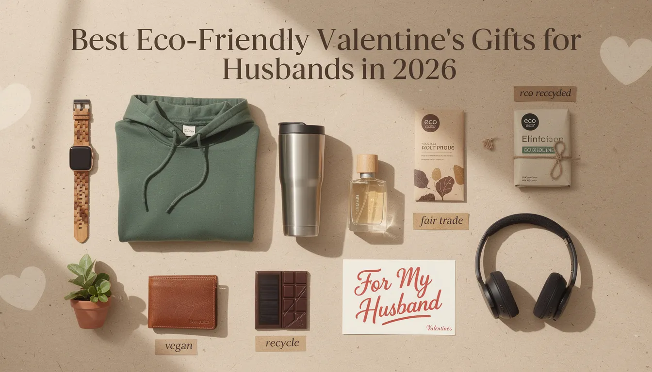 The image showcases a selection of eco-friendly Valentine's gifts for husbands in 2026, featuring stylish items made from sustainable materials like organic cotton and recycled paper. The thoughtful arrangement includes hand-poured soy candles, indulgent treats, and unique gifts that celebrate love while minimizing environmental impact.