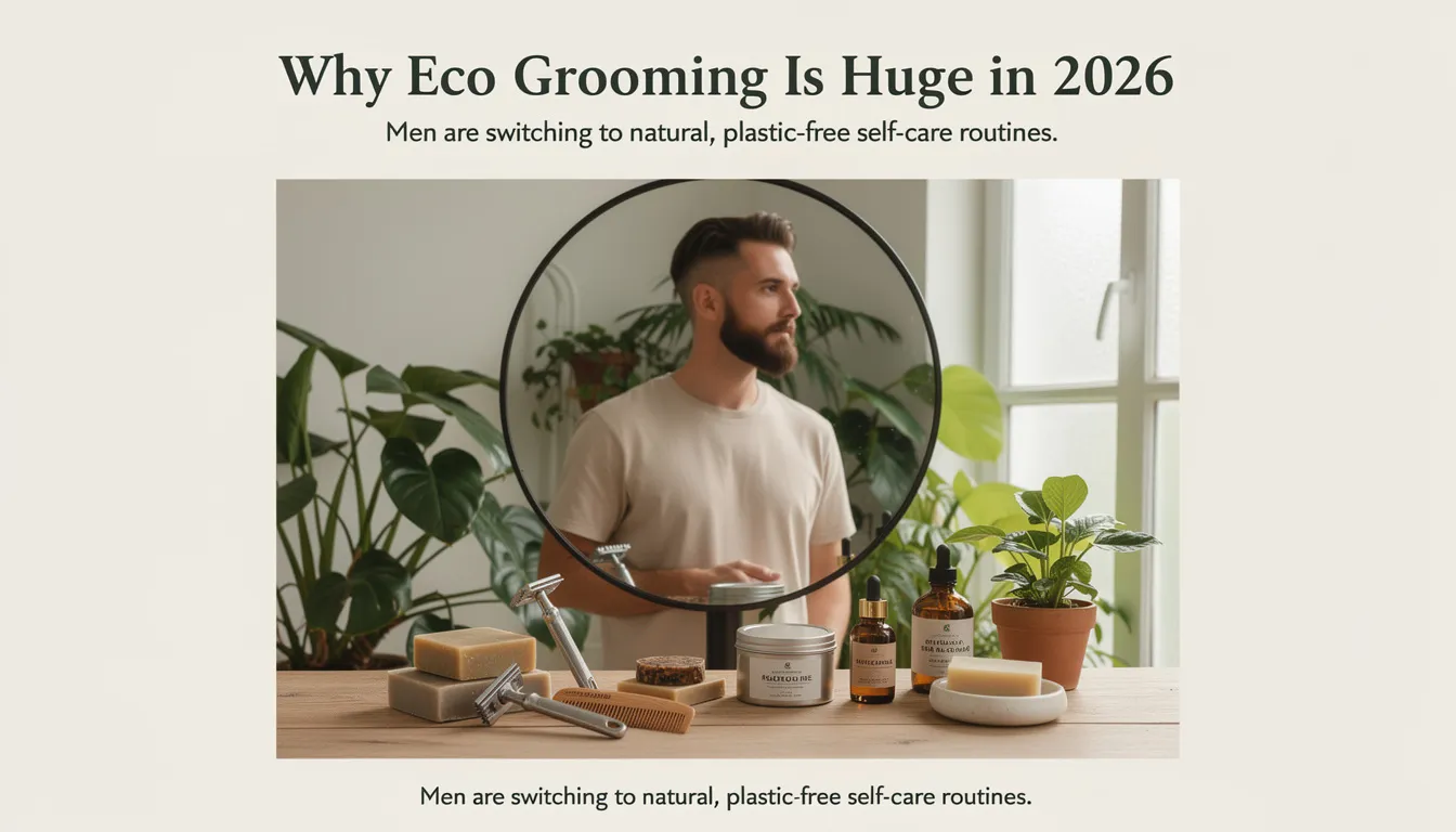 The image depicts a selection of eco-friendly grooming products for men, showcasing natural, plastic-free items like organic cotton towels, handmade soaps, and a hand-poured soy candle, all designed for sustainable self-care routines. This thoughtful arrangement highlights the trend of choosing environmentally conscious gifts, perfect for celebrating love on Valentine's Day with romantic partners.