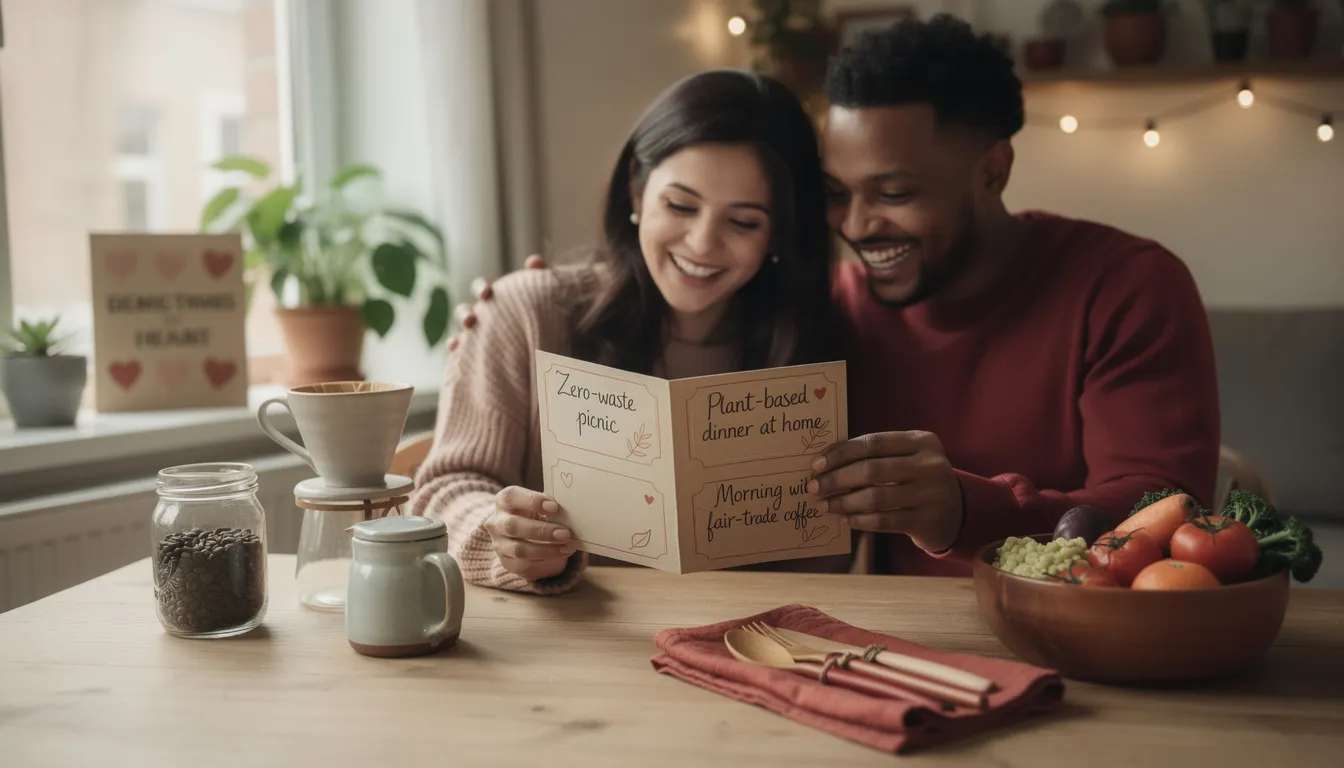 The image depicts a handmade coupon book filled with promises for eco-friendly activities, such as a zero-waste picnic and a plant-based dinner, symbolizing unique Valentine's Day gifts that celebrate love while being environmentally conscious. Surrounding the book are elements like a hand-poured soy candle and organic cotton fabric, highlighting the thoughtful and sustainable materials used in these meaningful gifts for romantic partners.